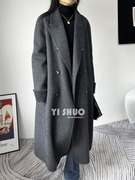 韩国高端灰色黑色双面羊毛羊绒，兔绒大衣西装领双排扣长款毛呢外套