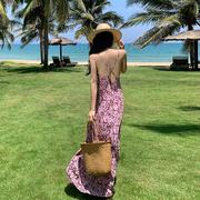 三亚拍照沙滩裙女夏季法式粉豹纹气质露背吊带连衣裙海边度假长裙