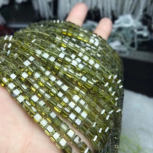 4mm天然水晶橄榄绿色，锆石方糖散珠半成品，方块手链项链配件配珠饰