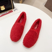 毛毛鞋女冬外穿2023百搭红色，圆头软底平跟平底加绒保暖单鞋