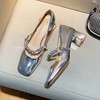 法式银色复古漆皮玛丽珍女鞋，2024气质一字钻带高跟鞋粗跟单鞋