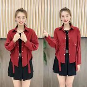 韩系大码女装秋季酒红色长袖，上衣女时尚百搭外套宽松显瘦衬衫