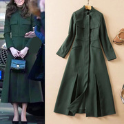 凯特王妃立领通勤军绿色，收腰中长款外套，英伦时尚风衣2024春秋