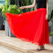三层雪纺大摆半身长裙超仙气，拖地沙滩裙新疆舞裙大红色半身裙