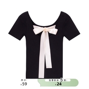 5折针织t恤女短袖夏季小众设计感蝴蝶结，系带方领t恤