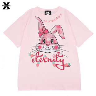 EdHardyX夏季潮牌可爱兔子图案烫钻印花T恤圆领短袖男女同款体恤