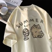 重磅纯棉卡通小猫印花短袖t恤男女宽松夏季ins休闲洋气半袖打底衫