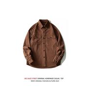 纯棉大码棕色复古美式重磅牛仔衬衣外套男士工装夹克宽松胖子衬衫