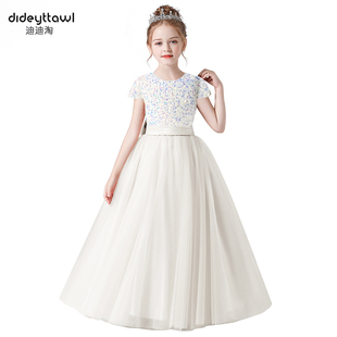 迪迪儿童钢琴演奏礼服女童晚礼服花童婚礼小女孩白色蓬蓬公主裙