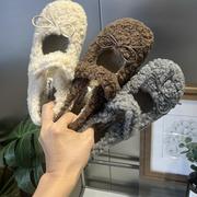加绒棉鞋单鞋一字带玛丽珍羊羔毛毛鞋女冬季外穿平底蝴蝶结豆豆鞋