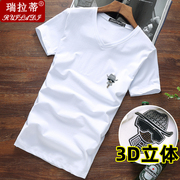 短袖t恤男2024夏季纯棉v领潮流3D立体印花半袖青年修身体恤衫