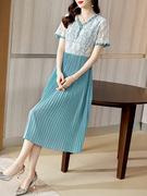 雅丽堡夏季v领蕾丝雪纺，假两件蓝色，连衣裙女法式气质百褶裙子