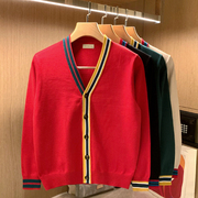 英式学院风撞色彩条毛衣外套，男款春秋季洋气红色休闲开衫男针织衫