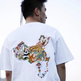 2024夏季短袖纯棉100％上衣国潮白色刺绣T恤男熊猫圆领体恤中国风