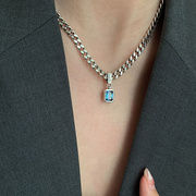 镶钻蓝锆石项链女小众，设计感重工简约粗链条幸运锁骨链2024年新潮