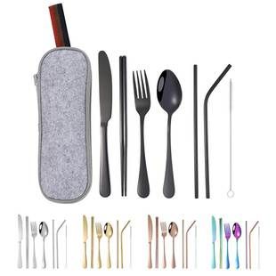 筷子一人一筷便携不锈钢餐具，7件套叉勺吸管，户外旅行便捷餐具套