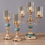 美式玻璃摆件复古蜡烛台三头烛光晚装饰陶瓷欧式餐桌金属浪漫轻奢