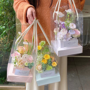 情人节手提花盒透明鲜花手提袋手拎袋PVC插花盒情人节鲜花包装袋