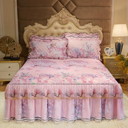 欧式夹棉床裙式床罩四件套1.8m床套款蕾丝纱印花个性双人被套2米