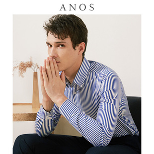 ANOS/亚诺司湖蓝色条纹扣领衬衫职业上班全棉商务修身男休闲衬衣
