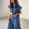 韩国chic法式复古圆领宽松休闲设计中长款下摆不规则荷叶边连衣裙