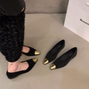 小香风单鞋女春秋2023年尖头，法式气质平底鞋子，配裙子黑色瓢鞋