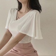 韩国chic夏季简约纯色淑女气质V领喇叭袖短袖T恤上衣修身打底衫女