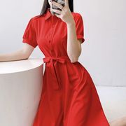 短袖连衣裙春夏韩版修身中长款时尚长袖气质红色衬衫裙子女