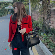 正版v+.com欧货羊毛外套女明星款红色小香风加厚立领法式毛呢上衣