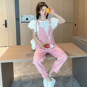 粉色背带裤女夏季韩版学院风小个子，休闲阔腿九分裤套装