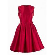 白领大红丝毛圆领，无袖后缝蝴蝶结，压皱大摆礼服裙gnbjs20-302