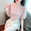 粉色泡泡袖雪纺上衣女2022夏圆领(夏圆领)韩版别致设计感小众短袖白衬衫潮