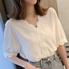 衬衫女设计感小众上衣半短袖宽松韩版夏季t恤蕾丝拼接雪纺白衬衣