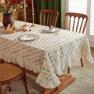 法式复古麻色绿植餐桌布拼接荷叶边圆形台布ins小花田园风圆桌布