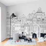 手绘欧式建筑儿童房，壁纸简约黑白构图背景墙壁纸男女孩卧室壁画