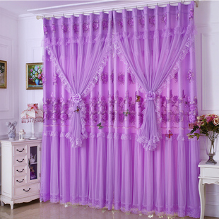 婚房蕾丝定制窗帘成品甜美少女公主风粉色紫色双层带纱卧室遮光帘