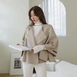 韩国东大门短款披肩蝙蝠袖毛呢，大衣女双面，手缝羊绒大衣斗篷女外套