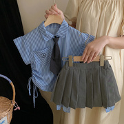 女童夏装衬衣儿童美式学院风，套装宝宝翻领，蓝条纹无袖短袖衬衫裙裤