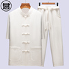 棉麻唐装男夏季短袖套装中式盘扣刺绣复古中国风男装民族服装白色