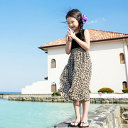 韩国童装女童夏季豹纹拼接背心，连衣裙潮儿童，气质亲子沙滩公主长裙