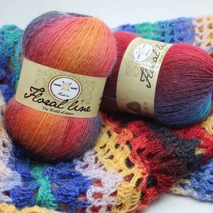 彩虹线羊毛线毯子坐垫外套，披肩围巾帽子长段染花色多彩线手工编织