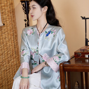 新中式女装大码宽松改良式唐装上衣国潮刺绣醋酸双面可穿风衣外套