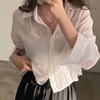 韩国ins夏日简约纯色单排扣翻领，褶皱感长袖，衬衣宽松短款防晒衬衫