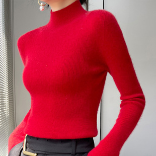 秋冬红色羊绒高领毛衣女网红紧身堆堆领打底衫修身羊毛针织衫薄款
