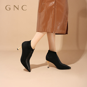 gnc高跟时尚短靴女2023冬尖头，细跟真皮新中式风系带新潮短靴
