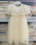 女童连衣裙夏装2023年公主，裙中童泡泡袖米白色，网纱洋气蓬蓬裙