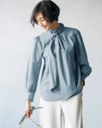 日系高端女装秋款纯色通勤款泡泡袖衬衣知性华丽 高领蝴蝶结衬衫