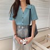 翻领泫雅风polo衫镂空蓝色上衣女夏短款宽松冰丝针织短袖t恤i