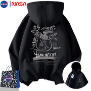 NASA连帽卫衣男卡通口袋猫秋冬季oversize美式高街宽松加绒青少年