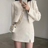 韩国chic复古小香风圆领单排扣长袖，短外套+高腰包(高腰包)臀半身裙套装女